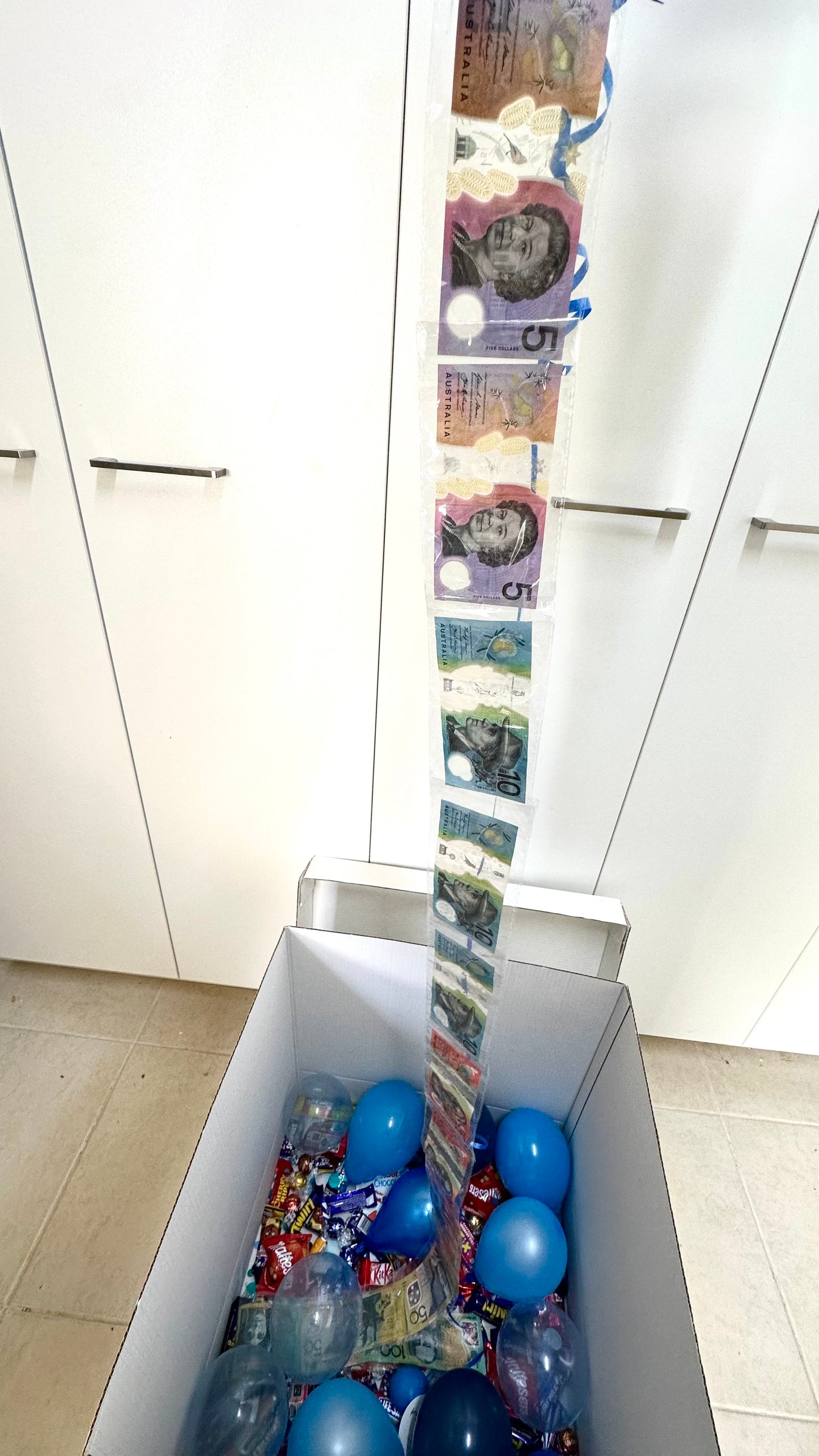 OPEN ME clear balloon box with MONEY